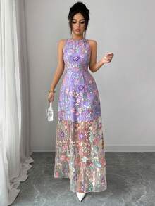 SHEIN Raffinéa 女士优雅紫色浪漫刺绣网纱圆领无袖连衣裙，适合派对和各种场合，春夏款 - 紫色 - 查看 3