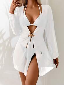 Swim Lushoire 女士纯色七分袖防晒沙滩度假和服罩衫 - 白色 - 查看 1