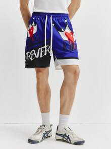 TOKVUE Men's Two Pieces Hip Hop Shorts Set,Dark Blue Summer Streetwear City Break Graphic Print Geometric Drawstring Basketball Sports Casual - Blue - View 3