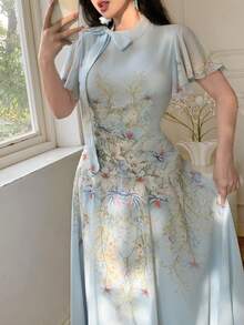 Modelyn 女士系带腰部褶皱印花喇叭连衣裙 - 淺藍色 - 查看 7