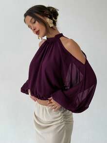 Aloruh Women's Elegant Pleated Lantern Sleeve Cropped Top, Summer - Purple - View 8