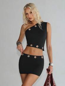TRNVIE Conjunto de top sin mangas ajustado con hombro asimétrico y dobladillo asimétrico + minifalda ajustada de cintura baja, conjunto de ropa de vacaciones de primavera/verano para mujer, conjunto de dos piezas, ropa de verano para mujer, conjunto de dos piezas para mujer, conjunto de vacaciones para mujer - Negro - Ver 7