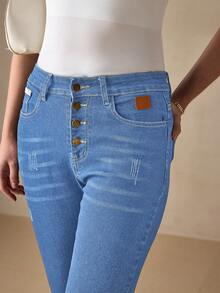 SHEIN Essnce Casual Washed Skinny Fit Denim Jeans - Blue - View 5
