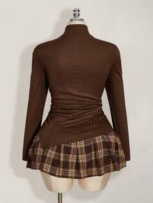 SHEIN ICON Plus Size Stand Collar Side Drawstring Long Sleeve T-Shirt, Brown Base Layer Top, Casual Wear, Suitable For Spring, Autumn And Winter - Brown - View 2