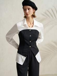 INAWLY Women's Color Block Collared Single-Breasted Long Sleeve Top And Wide Leg Pants 2 Pieces Casual Elegant Outfit For Daily Commute Work White Black - Black and White - View 5