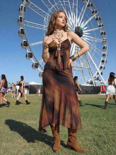 SHEIN MOD Plus Size Tie-Dye Vintage Sunset Romantic Camisole Two Pieces Set, Camisole Top, Long Skirt, Bow Tie Decor.Plus Size Brown Tie Dye Two Piece Set Airy Mesh Fabric Spaghetti Strap Top Front Knot Detail Flared Hem Gradient Color Effect Asymmetrical Skirt Sheer Overlay Flowing Look Soft Lining Artistic Style Elegant Drape Comfortable Fit Lightweight Material Earthy Tones Creative Design