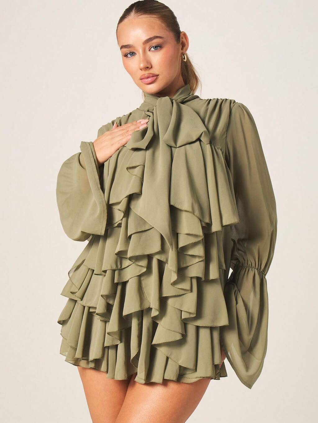 MISSGUIDED Tie Neck Chiffon Ruffled Mini Dress With Balloon Sleeves