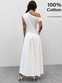 Firerie 女士优雅精致新款简约百搭日常通勤连衣裙，适合情人节约会、派对、婚礼和正式场合，100%棉麻竹纤维不对称下摆中长连衣裙 - 白色 - 查看 6