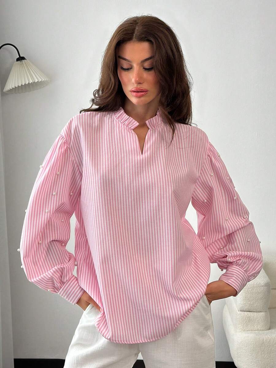 EURMUSE Pink & White Blouse With Pearl Sleeve Detail - Pink - View 1