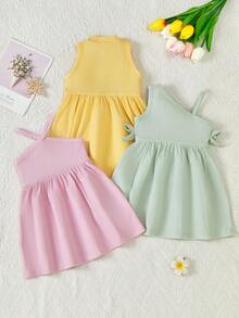 SHEIN Playful Pals 3件組嬰兒女寶寶紫色與黃色夏季休閒度假Y2K純色羅紋針織背心掛脖單肩A字洋裝套裝 - 彩色 - 查看 2