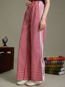 Elnivra Pantalones anchos de pierna ancha con cintura elástica lateral, estampado a cuadros y rayas de contraste, para uso casual, vacaciones y viajes - Rojo y blanco - Ver 3