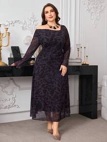 Modelyn Plus Size Long Sleeve Elastic Mesh Printed Double Layer Fitted Waist Knit Elegant Dress For Women - Multicolor - View 1