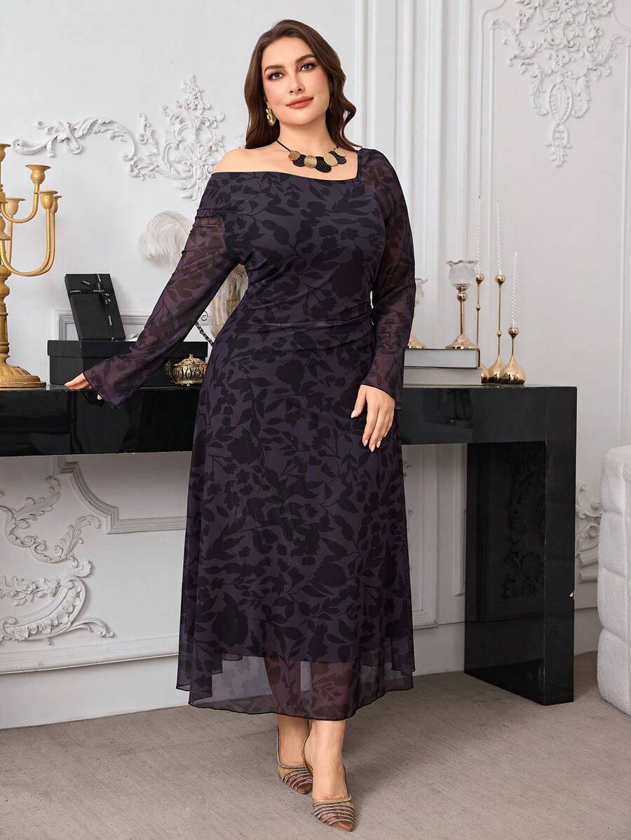 Modelyn Plus Size Long Sleeve Elastic Mesh Printed Double Layer Fitted Waist Knit Elegant Dress For Women - Multicolor - View 1