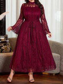 Modelyn Elegant Solid Color Lace Long Sleeve Cinched Waist A-Line Plus Size Dress, Suitable For Spring And Summer Fall - Burgundy - View 5