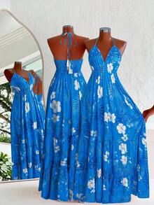 Franclia Plus Size Women Tropical Floral Print V-Neck Spaghetti Strap Tassel Maxi Dress, Suitable For Vacation, Beach - Blue - View 1