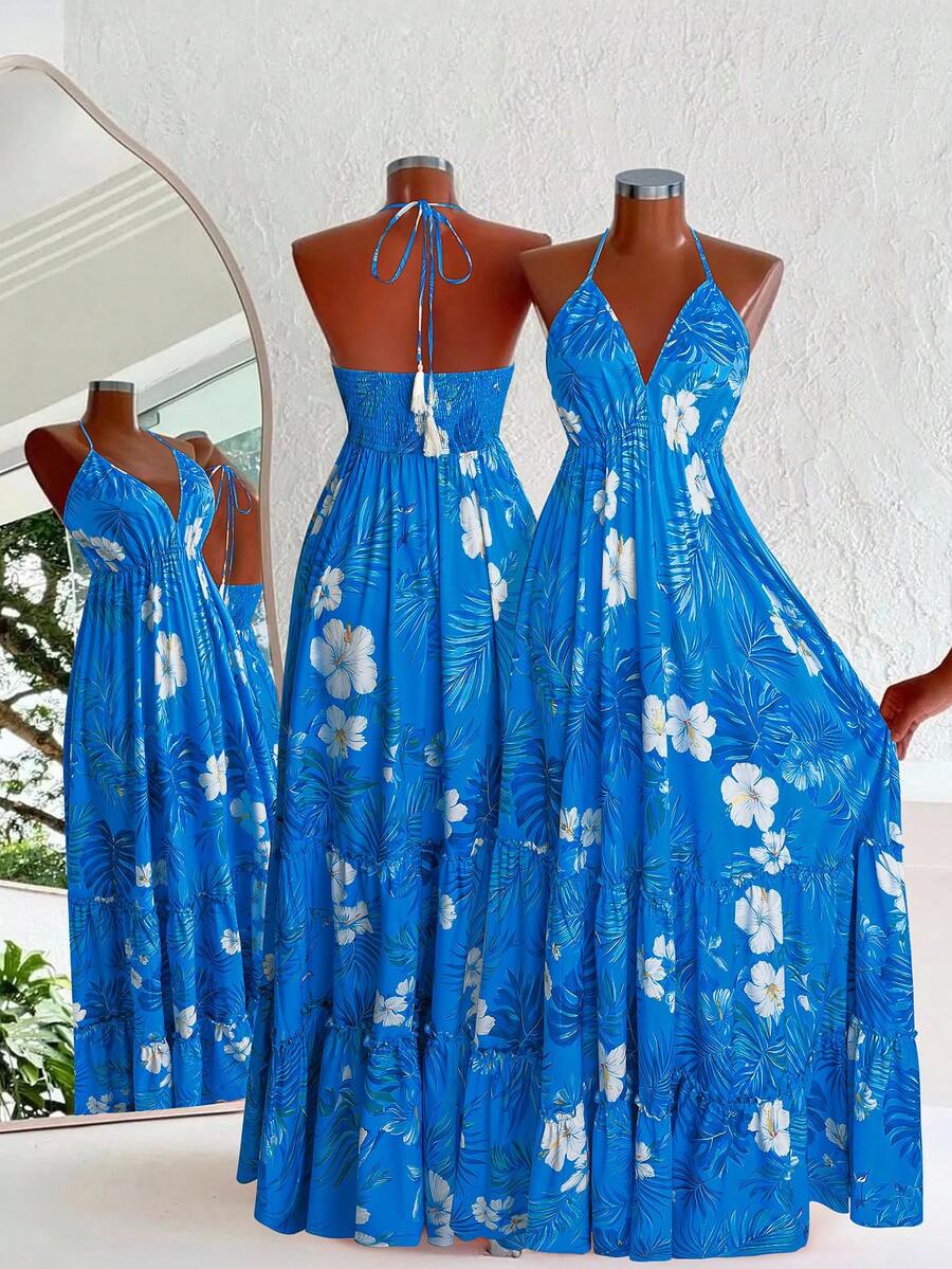 Franclia Plus Size Women Tropical Floral Print V-Neck Spaghetti Strap Tassel Maxi Dress, Suitable For Vacation, Beach - Blue - View 1