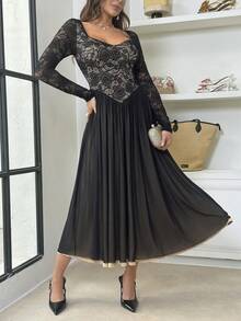 Modelyn Women's Lace Sheer Deep V-Neck Long Sleeve Elegant Backless Tie Waist Mid-Length Dress - Black - View 4