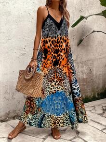 SHEIN Tall Women's Leopard Print A-Line Dress, Suitable For Vacation, Daily Commute - Multicolor - View 5