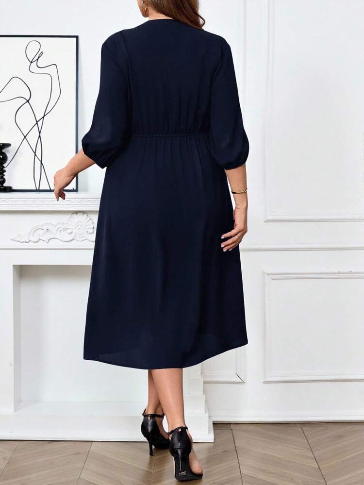 Plus Size V-Neck Regular Shoulder Puff Sleeve Concealing Belly Midi Dress, Elegant Dresses For Women