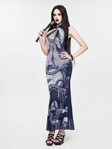 ROMWE Avant Spring/SummergraphicDark Y2K Millennium Retro New Chinese Style Shanhaijing Mesh Print Dress - Multicolor - View 7