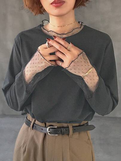 FRIFUL 纯色拼接薄纱波点网眼宽松休闲百搭T恤