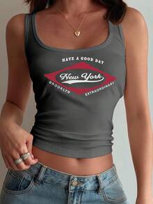 Livesso Áo tank top ôm dáng in chữ dành cho nữ, áo croptop mùa hè cho nữ. - Màu xám đen - Xem 3