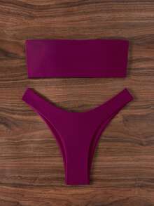 Swim Chiccia Women's Summer Beach Solid Color Bandeau Bikini Swimwear Set - Red - View 7