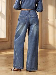 Selenza Quần jeans ống rộng nữ có túi và cúc, kiểu dáng thường ngày, đa năng. - Màu xanh lam - Xem 2