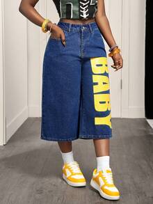 BamGleam 女士休闲街头字母印花宽松七分阔腿牛仔裤，夏季 - 深色水洗藍 - 查看 4