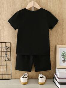 SHEIN Young BoyBasic Short Sleeve T-Shirt + Black Shorts Set - Multi-Color - Black - View 3