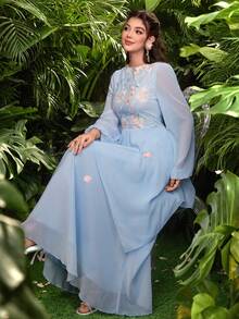 Modelyn Elegantes romantisches besticktes Chiffonkleid mit ausgestelltem Rock für Frauen, apricotfarben - Blau - Übersicht 7