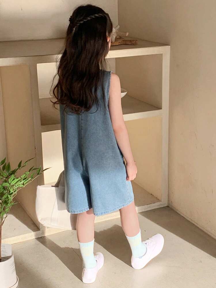 Young Girl Summer Casual Vacation & Commute Sleeveless Loose Denim Jumpsuit With Half Button