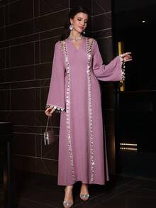 Al Najma 女士春夏紫色梭织长袖收腰刺绣荷叶边下摆优雅浪漫阿拉伯连衣裙 - 紫色 - 查看 4