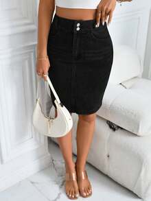 女士休闲日常办公通勤简约纯色高腰修身铅笔牛仔裙 - 黑色 - 查看 3