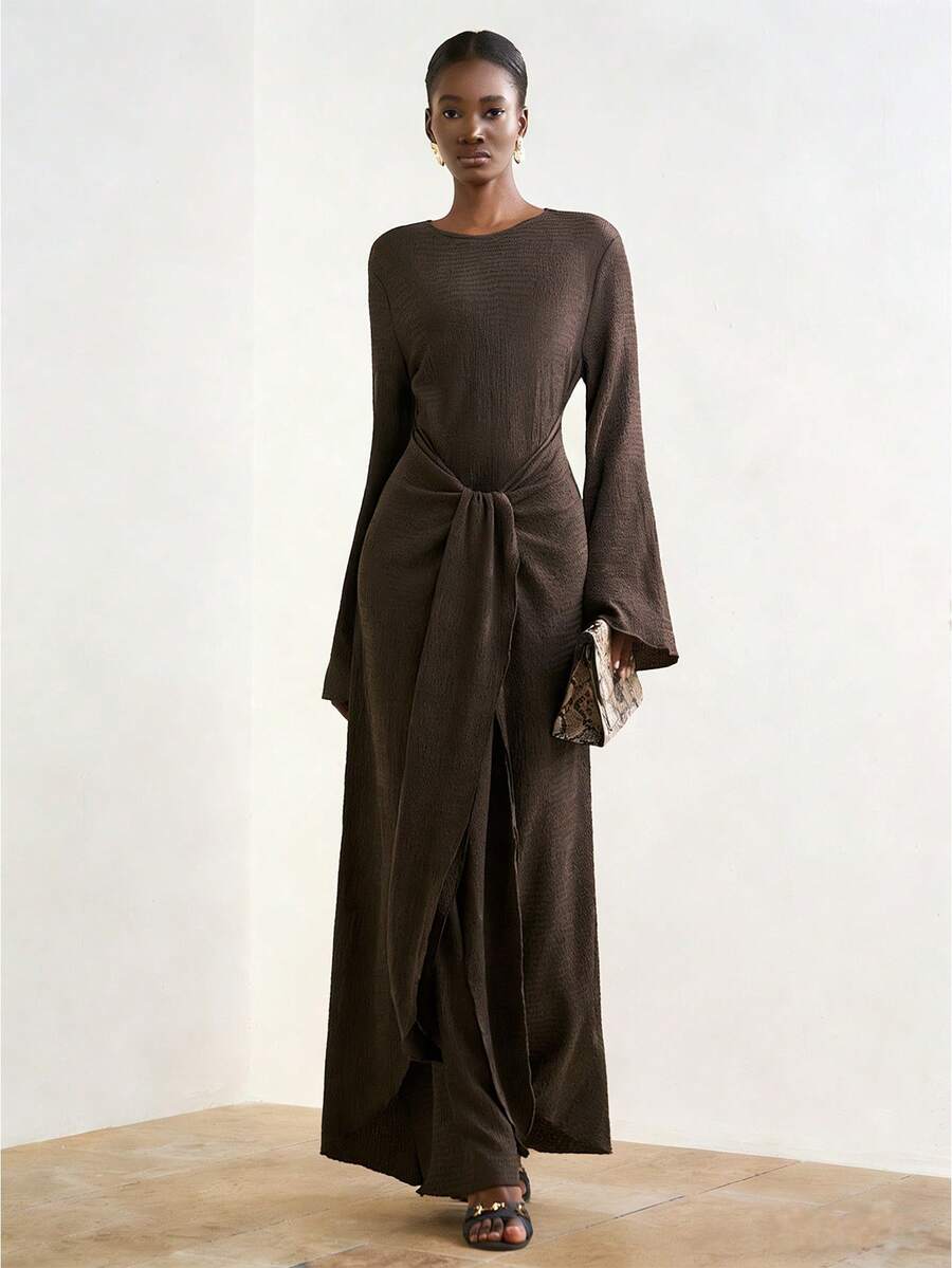 Zivah 20  Autumn/Winter New Arrival, Suitable For New Year, Valentine's Day, Party, Banquet, Date, Birthday, College Style, Student Wear, Daily Casual, Basic Versatile, Leisure, Cruise Travel, Fashionable, Elegant, Commute, Business Casual, Minimalist, Round Neck Long Sleeve, Front Middle Tie-Up Strap, Loose Straight Hem Irregular, Brown Vertical Striped Textured Fabric, Elegant Long Dress, Party Dress, Women Dress Chocolate Brown Dress Long Sleeve Long Dress
