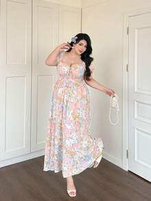 Vibekara Elegant Vintage French Vibrant Colorful Dopamine Oil Painting Print Puff Sleeve Off-The-Shoulder Convertible Neck Cinched Waist A-Line Maxi Sundress For Vacation - Multicolor - View 4