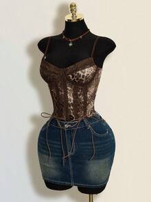 SHEIN ICON ملابس علوية كروب ضيق بحمالات رفيعة مع ربطة أمامية بطبعة نمر، صيفي - متعدد الألوان - مشاهدة 12