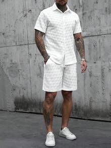 Manfinity Homme Men's Solid Color Button-Front Short Sleeve Shirt And Drawstring Waist Shorts 2 Piece Set,White Summer Casual City Break Men's Outfits - White - View 3