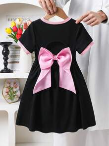 SHEIN Young Girls Solid Color Contrast Fitted Crop Back Cutout Organza Bow Decor Short Sleeve Belted Mini Dress, Fashionable French Elegant, Back To School, Y2K, Sweet & Cool Lady Black And Pink Dress Bow Birthday Dress For Girls Black And Pink Girls Twirl Dress Kids Clothes With Bows Bow Dress For Girls,Kids - Pink - View 3