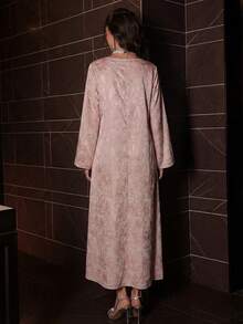 Al Najma Women's Green Woven Jacquard Long Sleeve Embroidered Collar Floral Elegant Arabic Dress Abayas Dubai Luxury Abaya Abaya For Women Dubai - Pink - View 2