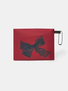 ROMWE Kawaii Bolsa de almacenamiento con estampado de lazos en todo el diseño, bolsa de compras plegable de gran capacidad y portátil con monedero - Rojo - Ver 2