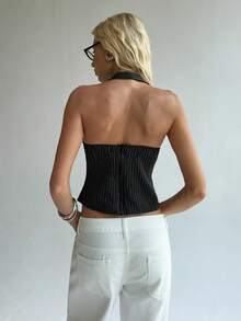 TRNVIE Black Striped Halter Neck Tank Top For Women, Fashionable For Commuting, Spring/Summer - Black - View 2