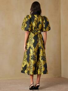 BELROSIE Textured Jacquard Elegant Waist-Cinching Long Dress With Contrast Color Collar, Metal Buckle Belt And Balloon Sleeves - Multicolor - View 6