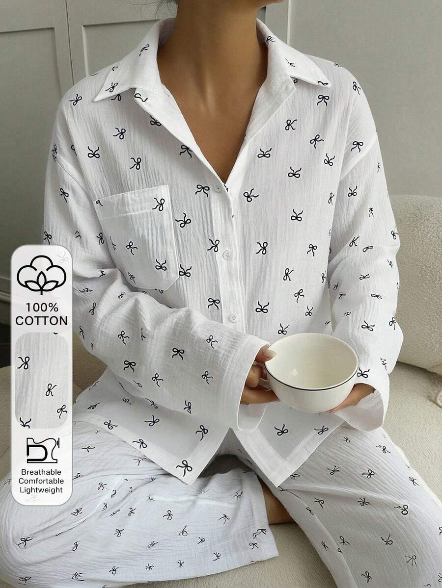 Livesso Bộ đồ mặc nhà 2 món dành cho nữ, có cổ và nơ trang trí, thích hợp cho mùa Thu/Đông. - trắng - Xem 1