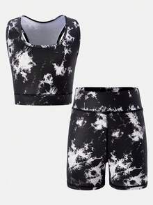 SHEIN Tween Girls Tie Dye Print Hollow Back Cami & Biker Shorts 2-Piece Set, Suitable For Yoga, Sports Day, Back To School - Black - View 9