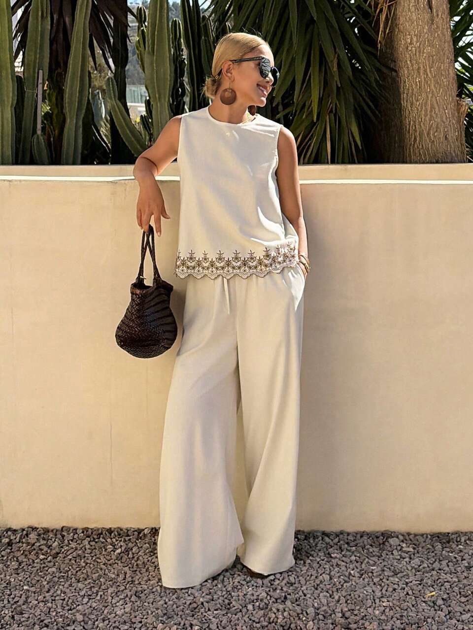 Women's Round Neck Sleeveless Printed Tank Top And Loose Wide Leg Pants 2 Pieces Casual Vacation Set Summer Lounge Sets For Women Short Sets For Women