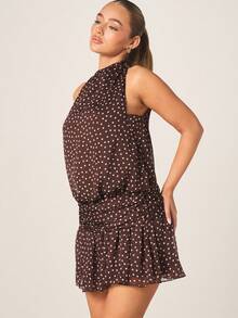 MISSGUIDED Polka Dot Chiffon Halter Neck Mini Dress With Ruffle Hem And Tie Back Detail For Party Evening - Coffee Brown - View 6