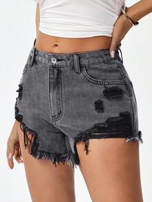 SHEIN EZwear Women's Pocket Distressed Hem Casual Denim Shorts - Black - View 6