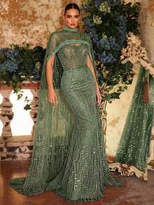 Glamrae Elegante y lujoso vestido de sirena con diseño de chaqueta desmontable con cuentas de perlas, apropiado para bodas, fiestas, vacaciones, galas y ocasiones formales (muy adornado) - Verde - Ver 4