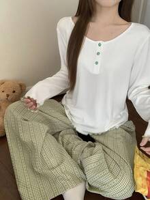 DAZY 绿色清新亨利领上衣和格子睡裤女士睡衣套装 - 綠色 - 查看 10